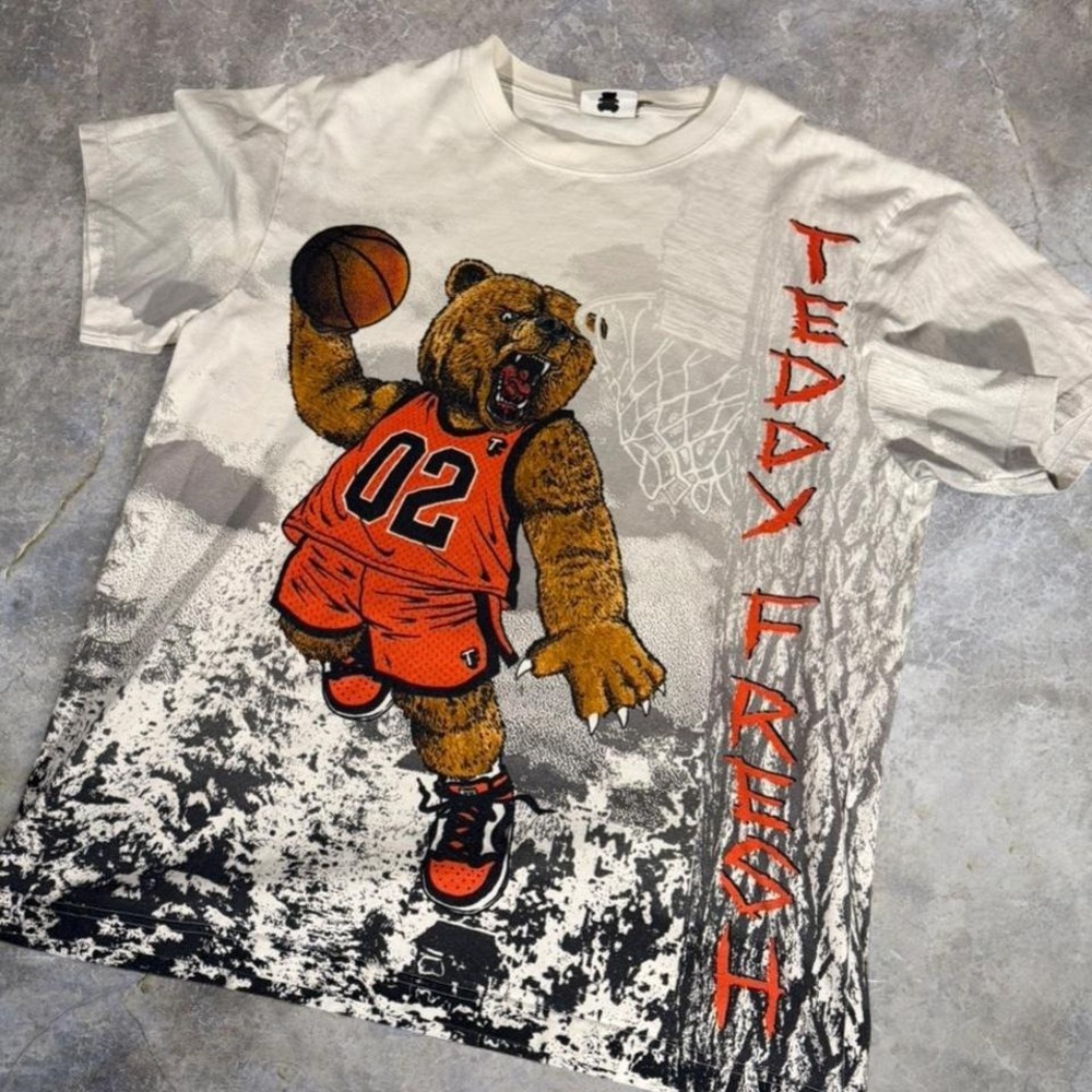 Teddy Fresh Bear Basketball Graphic Tee White Orange Size L